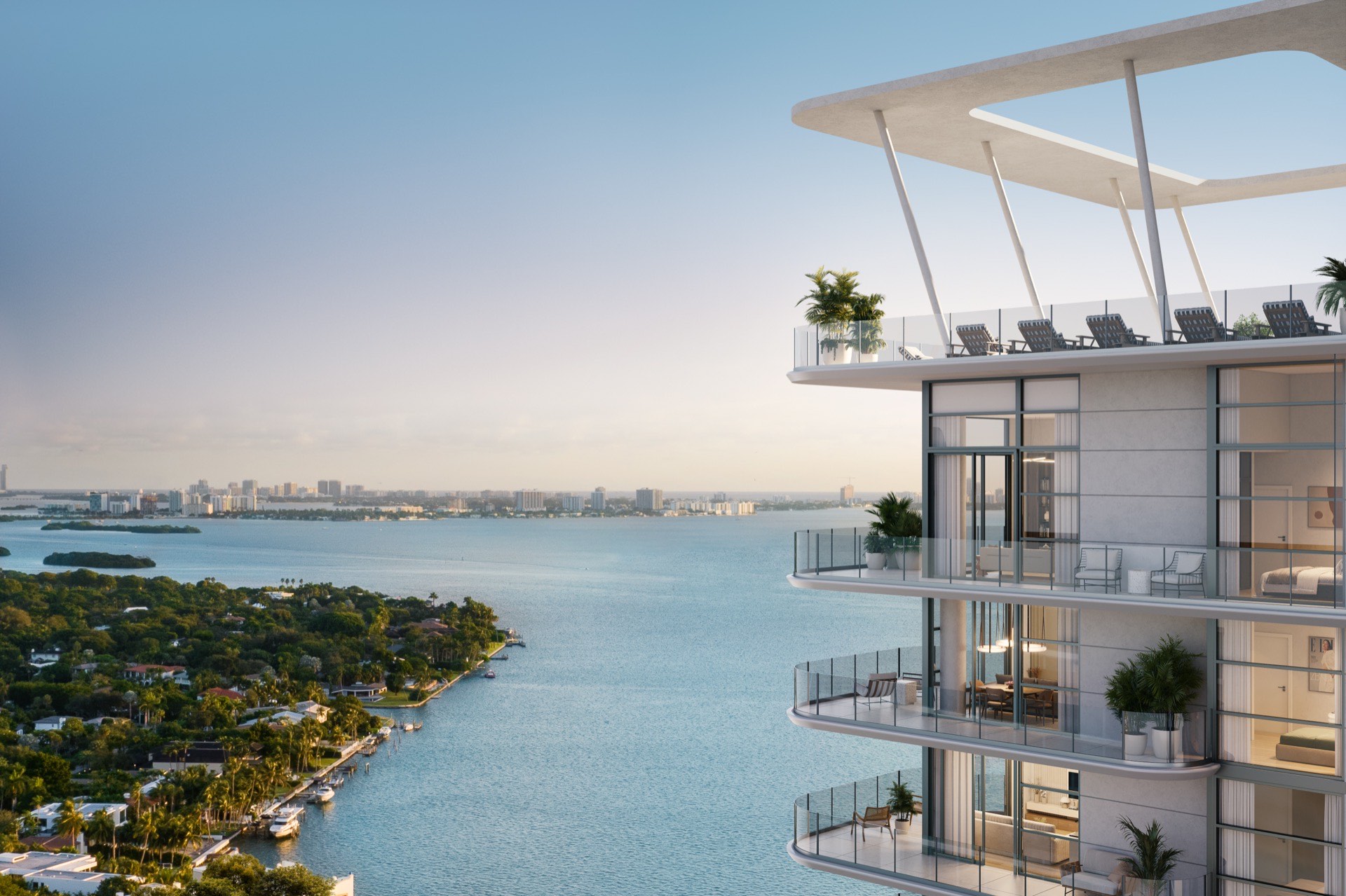 ELLE Residences Miami tower at golden hour on Biscayne Bay, Edgewater