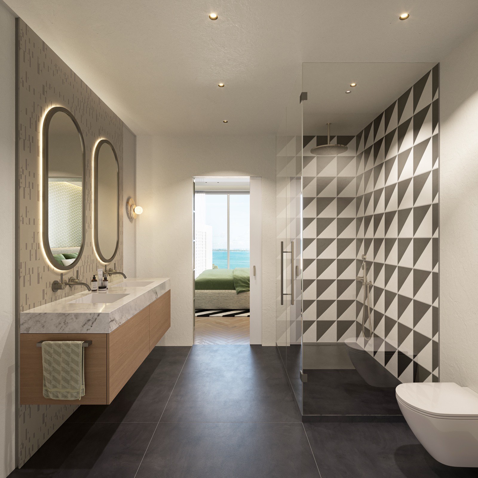Sage-toned bathroom finishes at ELLE Residences Miami with brass fixtures