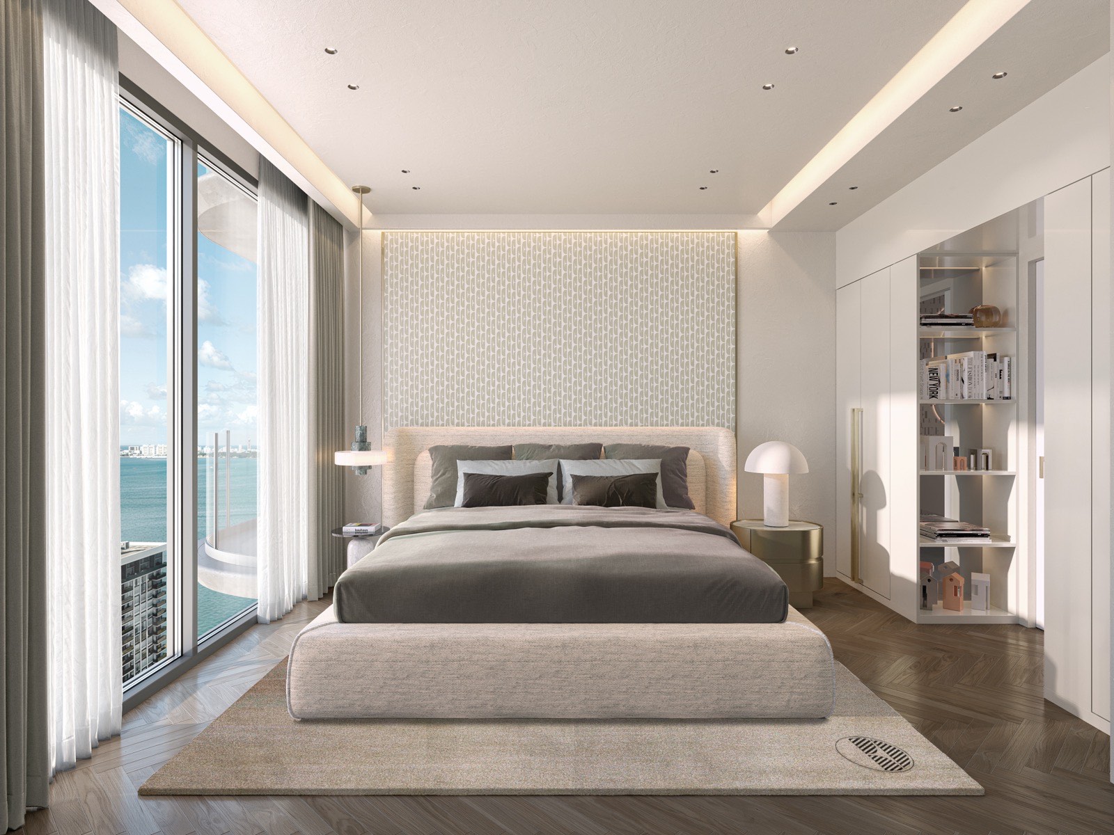 Grande Suite bedroom on a top floor of ELLE Residences Miami with eleven-foot ceilings