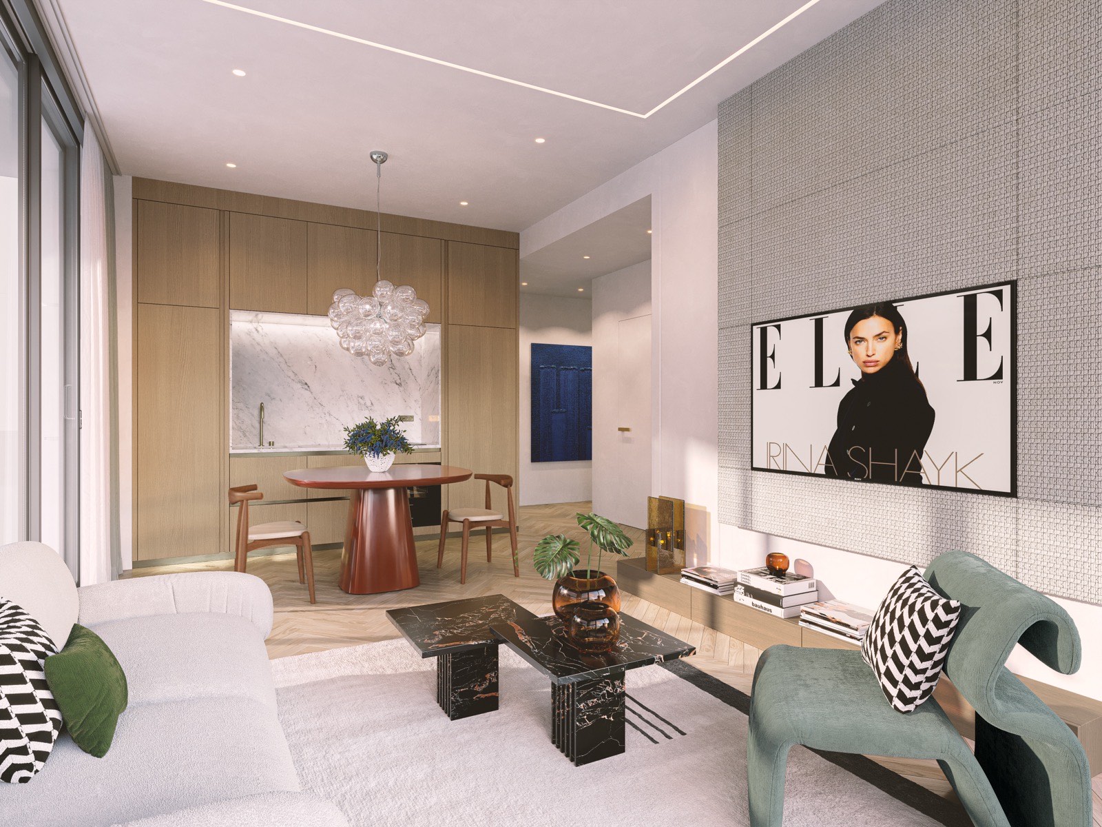 Two-bedroom Deux residence living and dining area at ELLE Residences Miami